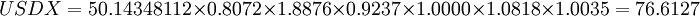 USDX= 50.14348112\times 0.8072\times 1.8876\times 0.9237\times 1.0000\times 1.0818\times 1.0035=76.6127